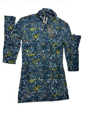 NWT BCBGMAXAZRIA Midnight Teal Vienna Scroll Turtleneck Top S